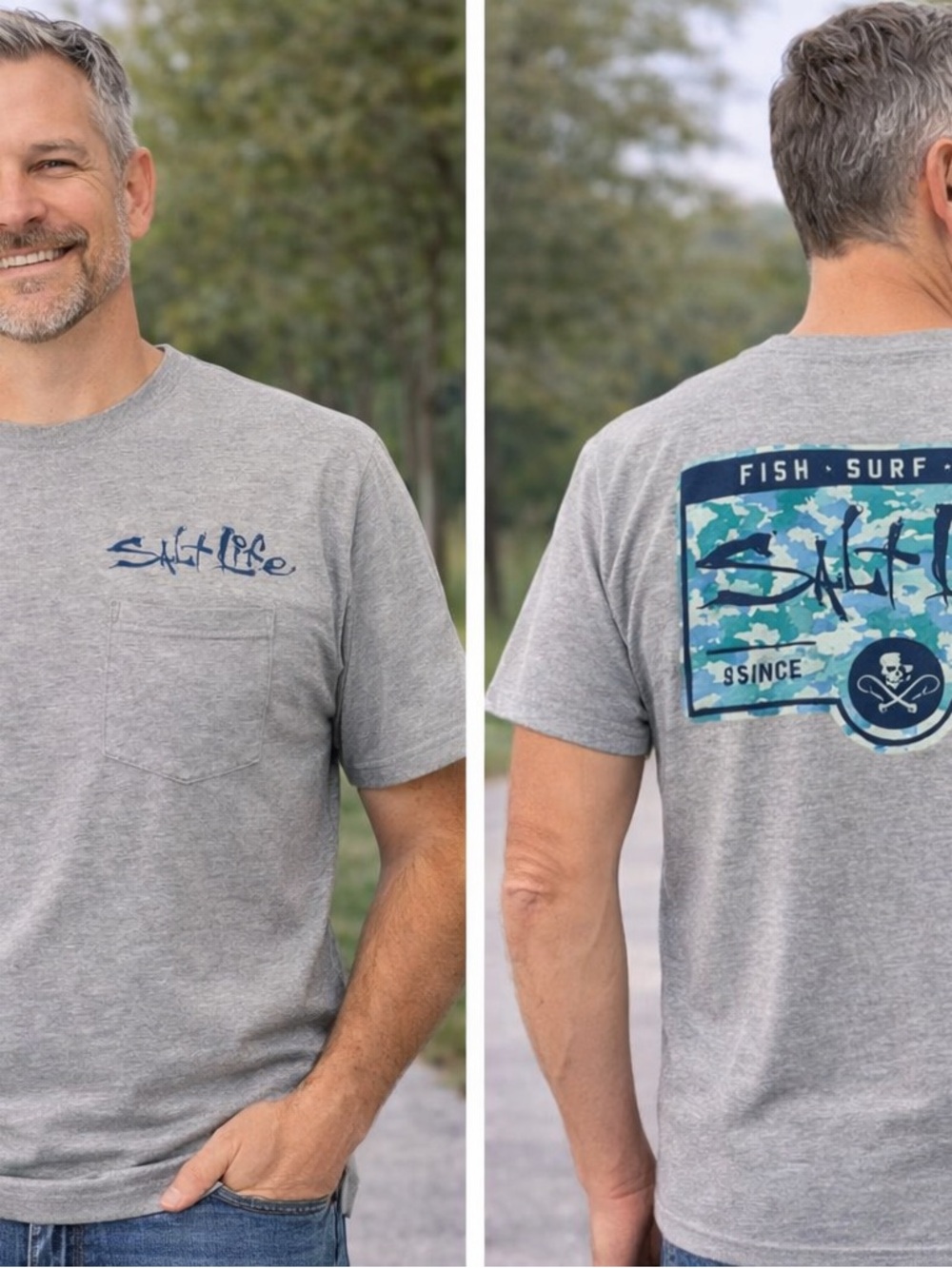 Salt Life Grey Pocket Tee with Blue & Aqua Back Graphic